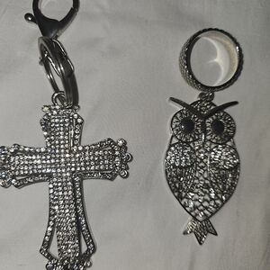 Silver Crystal Cross and Owl Keychains